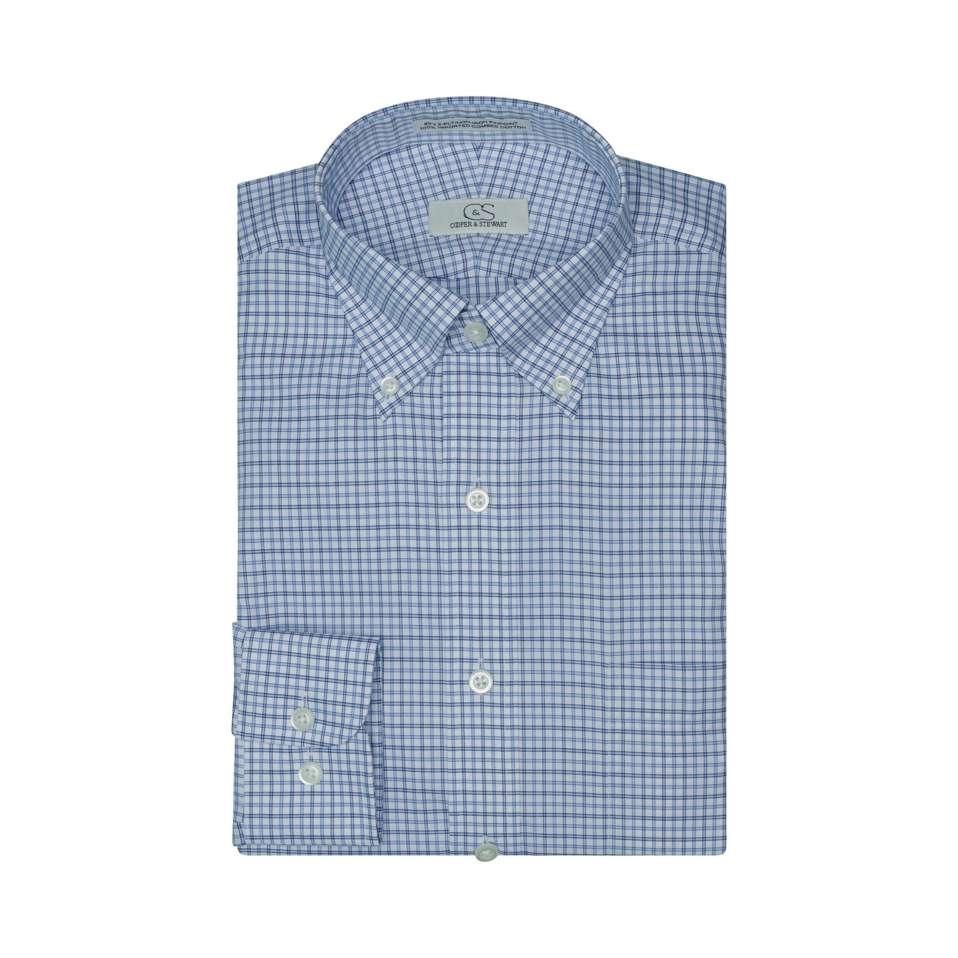 082 TF BD - White Ground Blue Plaid Tailored Fit Button Down Collar Cooper and Stewart 