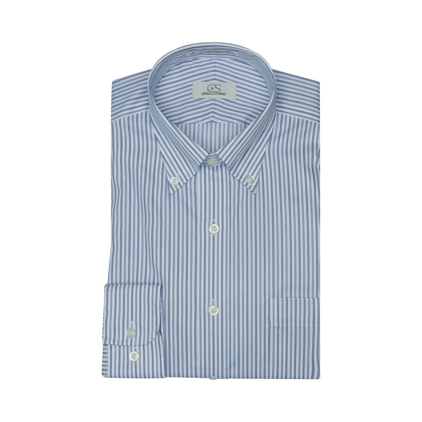 071 TF BD - White Ground Blue Stripe Tailored Fit Button Down Collar Cooper and Stewart 