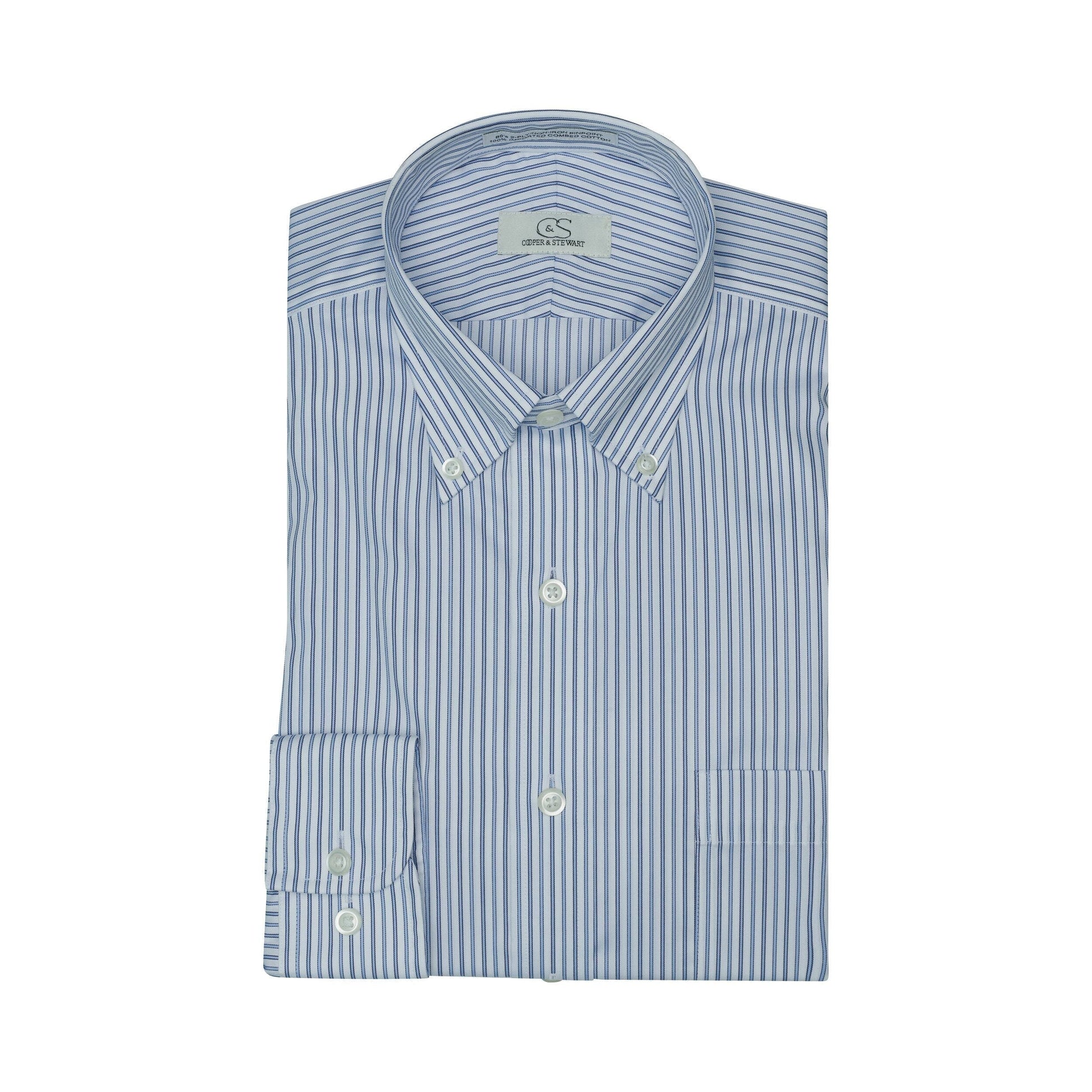 071 TF BD - White Ground Blue Stripe Tailored Fit Button Down Collar Cooper and Stewart 