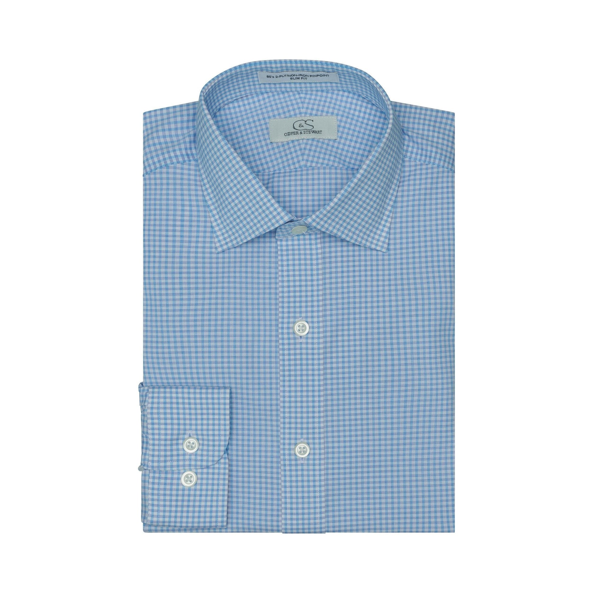065 SF SC - Blue Gingham Check Slim Fit Spread Collar Dress Shirt Cooper and Stewart 