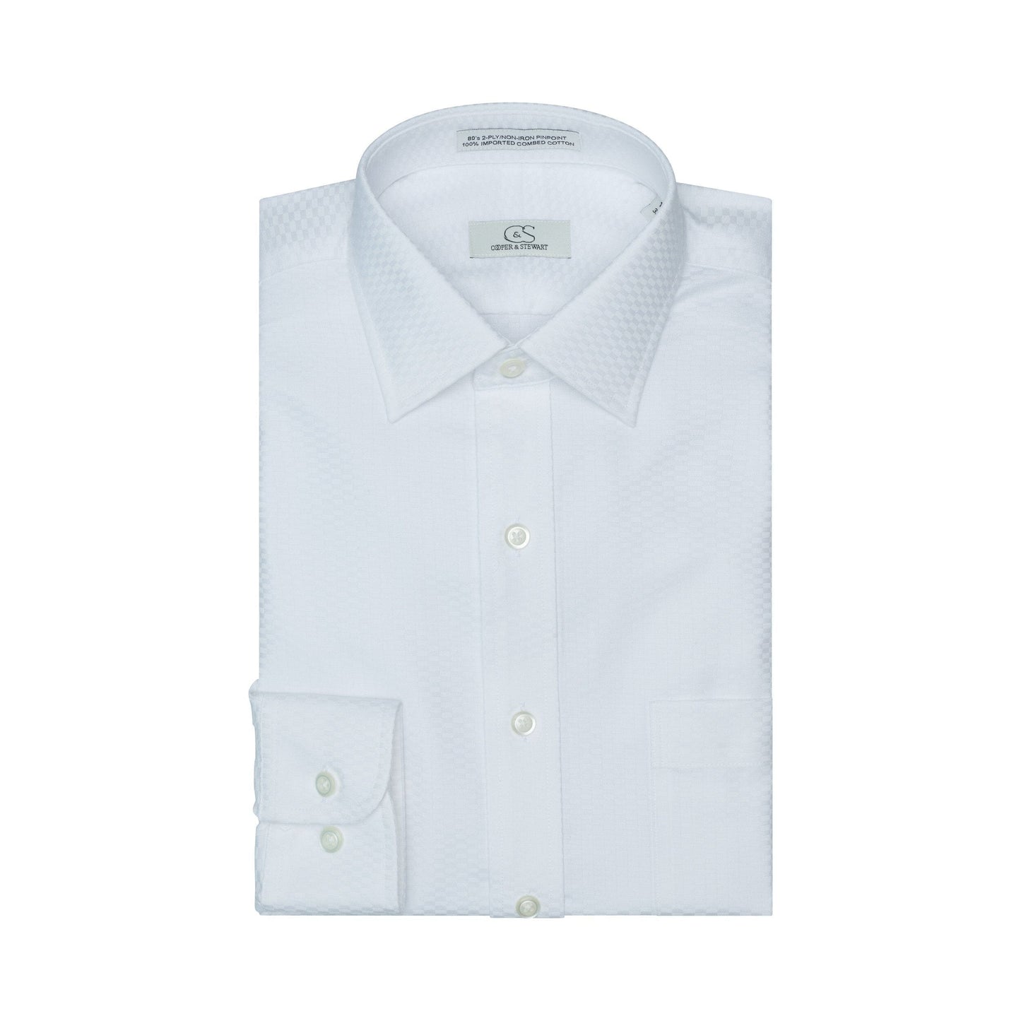 043 SC - White Tonal Check Spread Collar Dress Shirt Cooper and Stewart 