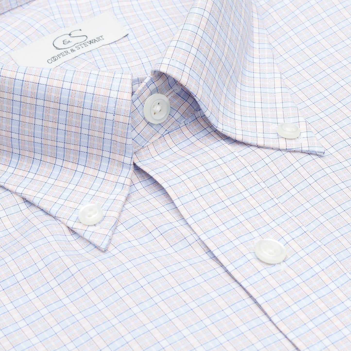 122 BD - Blue/Melon Dobby Check Button Down Collar Cooper and Stewart 