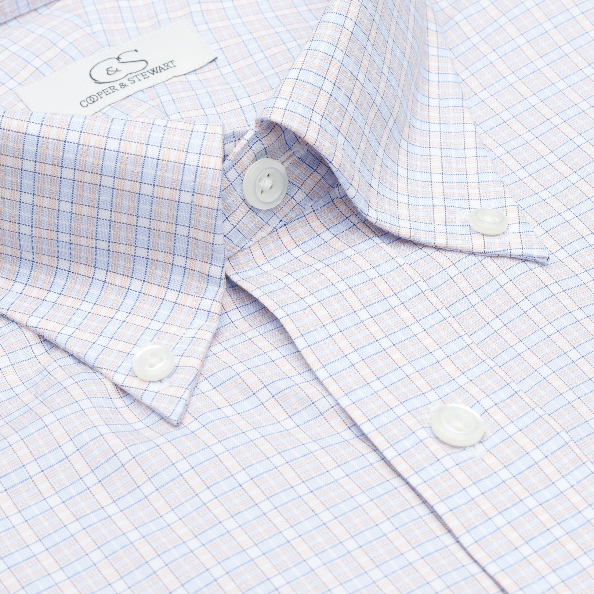 122 BD - Blue/Melon Dobby Check Button Down Collar Cooper and Stewart 