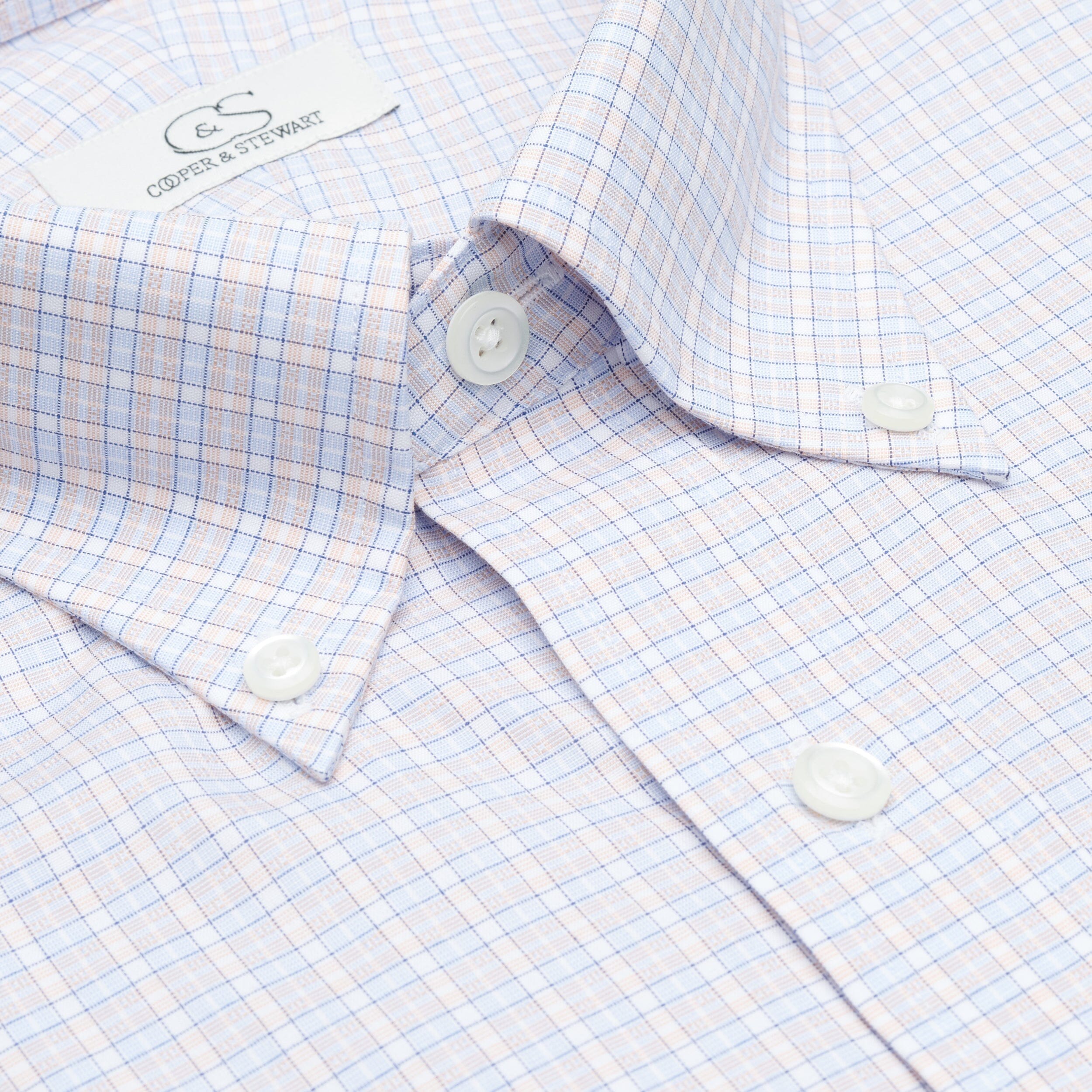 122 BD - Blue/Melon Dobby Check Button Down Collar Cooper and Stewart 
