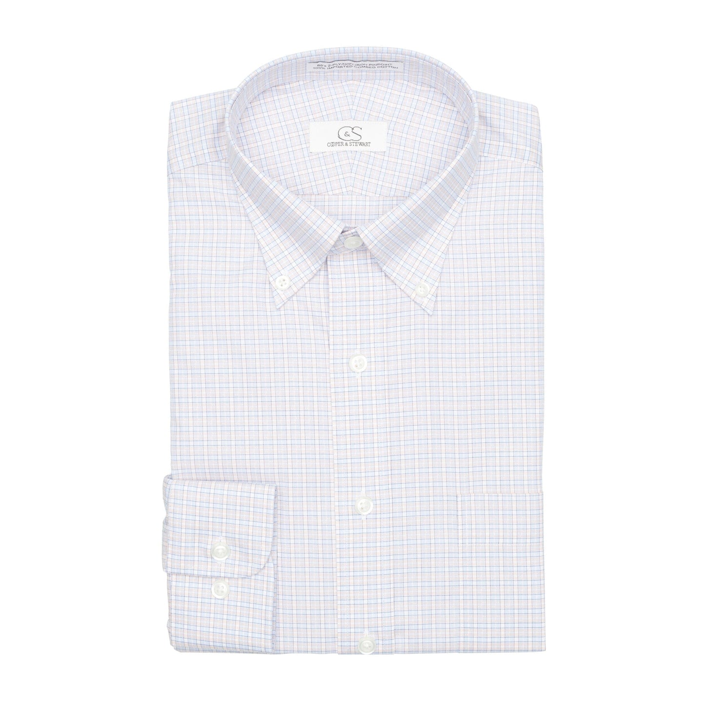 122 BD - Blue/Melon Dobby Check Button Down Collar Cooper and Stewart 
