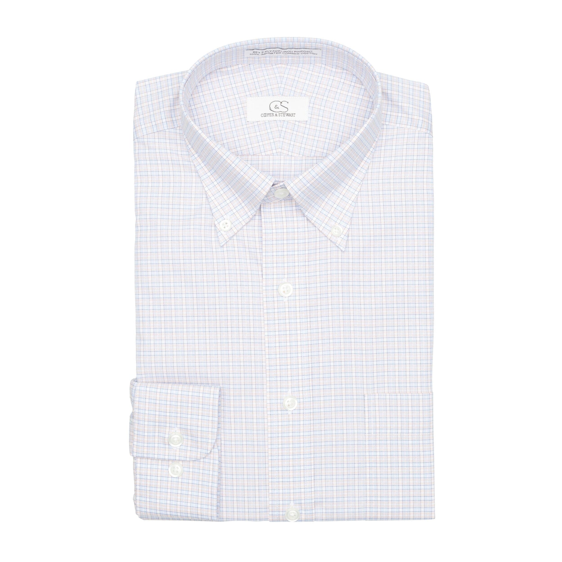 122 BD - Blue/Melon Dobby Check Button Down Collar Cooper and Stewart 